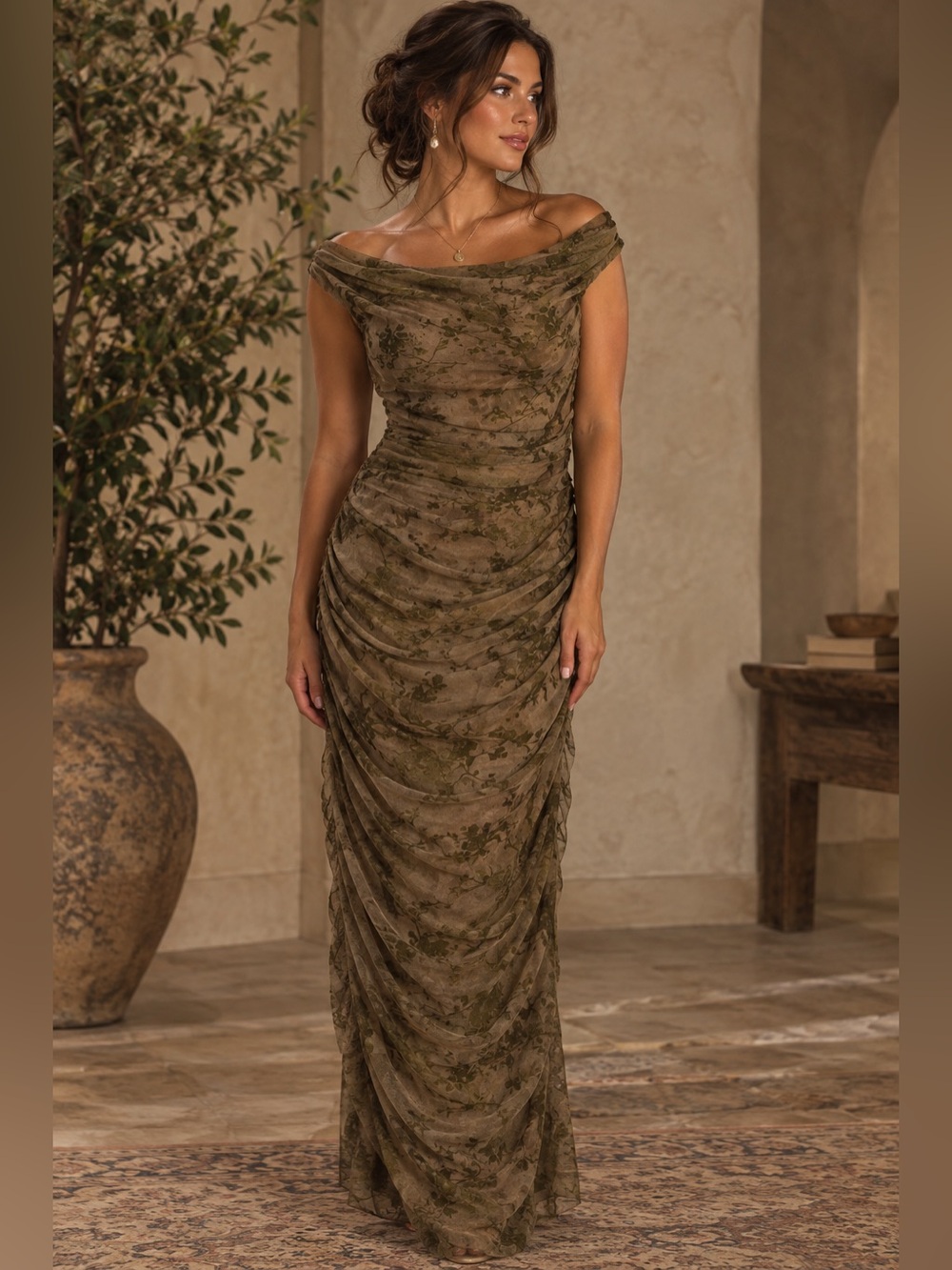 Floral Mesh Ruched Off-Shoulder Burnout Grunge Fairy Midi Dress XS Mesh Velvet